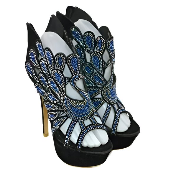 Black Velvet Blue Sequin Jewel Crystal Stiletto Christmas Holiday Party Heels 6 - Picture 7 of 10